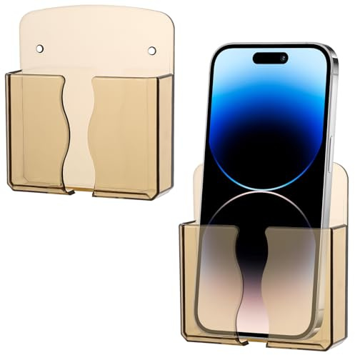 Ymapinc 2Pcs Wall Mount Phone Holder Transparent Wall Cell Phone Holder for Bed Self Adhesive Bedside Remote Control Stand with Charging Hole for Most Cellphone