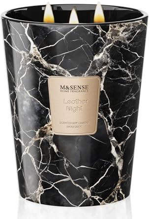 M&SENSE 990g Duftkerze Groß|Schwarz Leder-Nacht Duftkerzen im Glas|Natürliche Sojawachs Kerzen|Geschenk für Frauen & Männer,Weihnachten|150h Brenndauer, 3 Docht,Home Scented Oversize