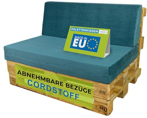 Pillows24 Palettenkissen 2er Set aus Cord, Abnehmbarer Bezug | Sitzkissen & Rückenkissen für Europaletten 120x80, Weiche Palettenauflage für Haus, Garten, Balkon, Made in EU, Türkis