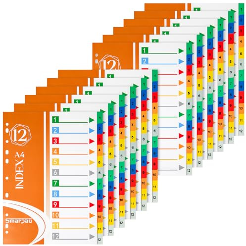 Smarpau 1-12 Part A4 File Dividers, 12 Pack Plastic A4 Folder Dividers for Ring Binders & Lever Arch File, Multi-Colour Index Dividers with Content List for Ofiice School