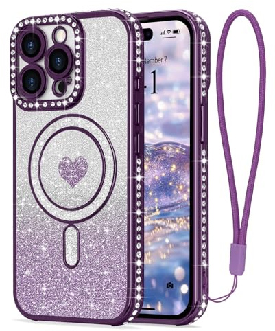 LAPOPNUT Magnetic Glitter Case for iPhone 14 Pro with Wrist Strap,Purple | Compatible with MagSafe, Sparkly Phone Cover for Girls Women, Sparkle Rhinestone Rasied Camera Protection,Bling Glittery Cute