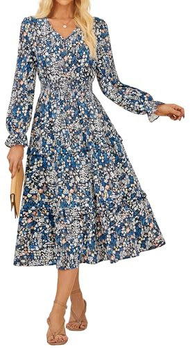 GRACE KARIN Frauen V-Ausschnitt Slim Fit Übergröße Kleid Elegant Langarm Blumenkleid Blaue Blumen M