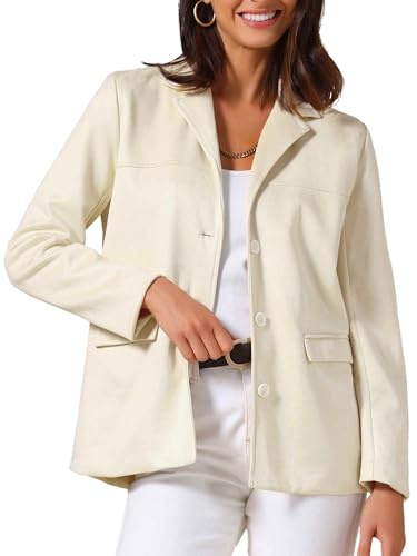 Allegra K - Chaqueta de mujer estilo blazer, de ante sintética, para negocios y casual, con solapa, abertura frontal, manga larga, para trabajo y oficina, caqui, L