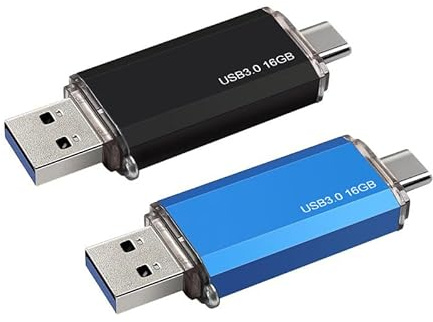 2-Pack 16GB Dual USB 3.0 Flash Drive USB C & USB A 2-in-1, Thumb Drive for Type-C Phones, PC, External Storage for Photos/Videos/Files