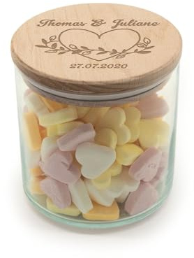 GRAVURZEILE Vorratsglas mit graviertem Holzdeckel - Herzenssache - Personalisiert mit Name & Datum - Keksdose Bonbonglas mit Deckel - Vorratsdose - Geschenk für Paare zur Hochzeit - 530 ml