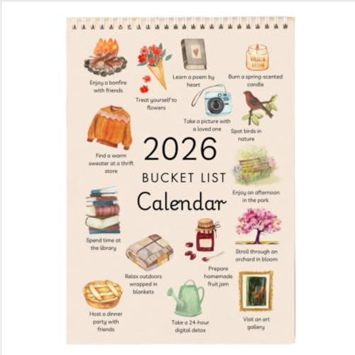 GUUZETU Calendario da Parete Bucket List 2026, Planner di 12 Mesi con Illustrazioni motivazionali, Calendario Verticale da Parete Slow Living, Divertente Decorazione da Parete con Checklist (1 PC)