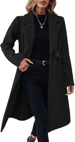 BUhuiBabubu Womens Coats Plus Size, Womens Winter Wool Blend Coat Notch Lapel Mid Long Single Breasted Pea Coats Jacket Outwear Work Office Overcoat for Ladies Uk Size 10 12 14 16 18 20,Black,M,u773k