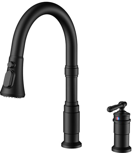 FORIOUS 2 Hole Black Kitchen Faucet with Pull Down Sprayer, Stainless Steel Rustic Kitchen Sink Faucet 3 Spray Modes with Single Seperate Handle, Suitable for Farmhouse Outdoor Camper Rv Bar