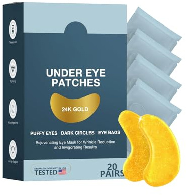 24-Karat-Gold-Augenmasken-Pads, 20 Paar Hyaluronsäure-Augenmasken, Reduziert effektiv Augenringe, Augenpads gegen Tränensäcke, Schwellungen und Falten