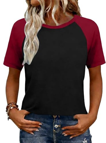 Baseball Tshirt Damen Zweifarbig T-Shirt Frauen Sommer Raglan Bluse Rundhals Kurzarm Shirt Colorblocking T Shirt Sportlich Pullover Leichte Tunika Sport Oberteile Atmungsaktiv Sportshirt Laufshirt