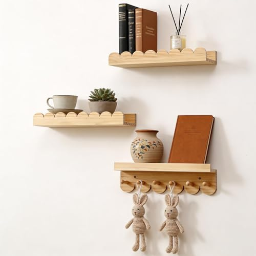 Wandregal Kinderzimmer 3er-Set Massivholz, Montessori Schwebregal 40cm mit sanften Rundungen, Bücherregal mit 6 Aufhängehaken für Bücher Spielzeug Deko, Wandboard für Jungen Mädchen Kinderzimmer