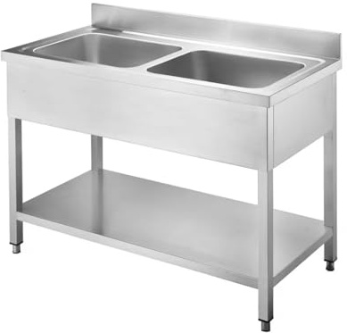 Gasfrit Fregadero Industrial 2 Senos de Acero Inoxidable 120x60 cm con Bastidor y Balda Inferior – Fregadero Profesional Hostelería con Patas Regulables, Doble Seno 45x45x28 cm para Cocina Industrial