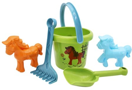 GOWI 467-01010 Pony - Juego de Arena para niños a Partir de 1 año, Cubo, Pala, rastrillo y moldes de Arena para Caballos, Juguete para Playa y Arena