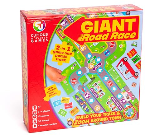 Curious Universe Games | Giant Road Race | Car Game for 2 to 4 Players | Game and Puzzle Track with Wooden Play Pieces