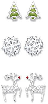 Heather Needham Sterling Silver Christmas Earrings set: Christmas tree, Rudolph Red nosed reindeer MUCH SMALLER THAN SHOWN. 7mm-10mm.Gift boxed 04550set