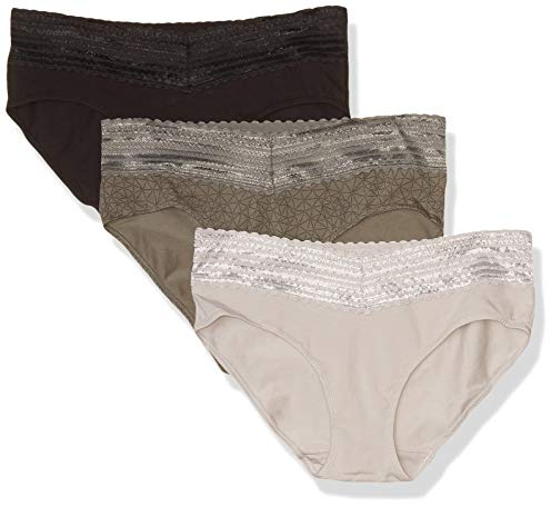 Warner's womens Blissful Benefits No Muffin Cotton Stretch Lace Multipack Hipster Panties, Stone Crystal Web/Platinum/Black, Large US