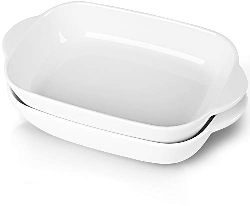 LEETOYI Pirofila da forno in ceramica, in porcellana, 2 pezzi, rettangolari con doppio manico, padelle per cucinare e cena per torte, 17,5 cm × 5 (bianco)