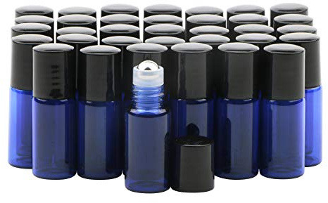 Rowiz 35PCS Essential Oils Roller Bottle 3ml Mini Glass Roll on Bottles with Stainless Steel Roller Balls and Black Screwcap (blue)