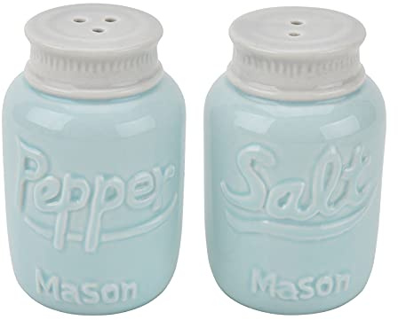 Rustic Farmhouse Mason Jar Salt & Pepper Shakers Set -Vintage Ceramic Salt & Pepper Shaker Set - Retro Shabby Chic Decorative Jar Dispenser for Kitchen