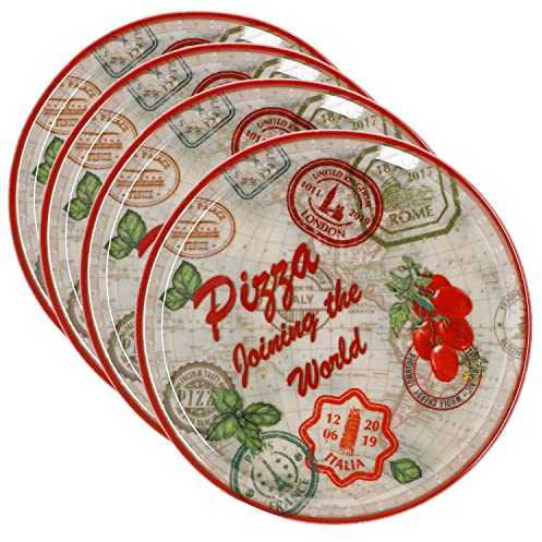MamboCat 4er Set Pizzateller Rom rot Ø 31,5 cm I Servier Platten mit Motiven I Vorspeisenplatten zum Anrichten für Antipasti oder Tomate-Mozzarella I Bunte Porzellanteller für Pizza Pasta & Co
