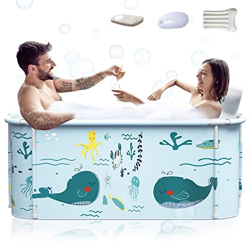 140cm Extra Large Portable Foldable Bathtub with Cover for Adult, Family SPA Soaking Tub for Small Bathroom, Thicken Multiple Layer Bathtub with Lid for Shower Stall (Ocean Design)