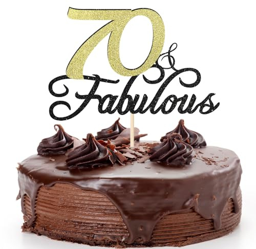 Sotpot 1 Pack 70 Fabulous Birthday Cake Topper Black Gold Glitter Cake Pick for 70th Milestone Birthday Anniversary Wedding Party Supplies