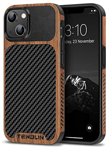 TENDLIN Kompatibel mit iPhone 14 Plus Hülle, Holz und Carbon Textur Design Leder Hybrid Handyhülle (Schwarz)