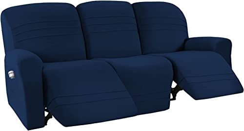 Sesselschoner für Relaxsessel Fernsehsessel 3 Sitzer Relaxsessel Bezüg Sesselauflage Relax mit Armlehnen und Taschen und langem Fußteil Stretch Fleece Sesselüberwürfe Sesselbezug (Marine)