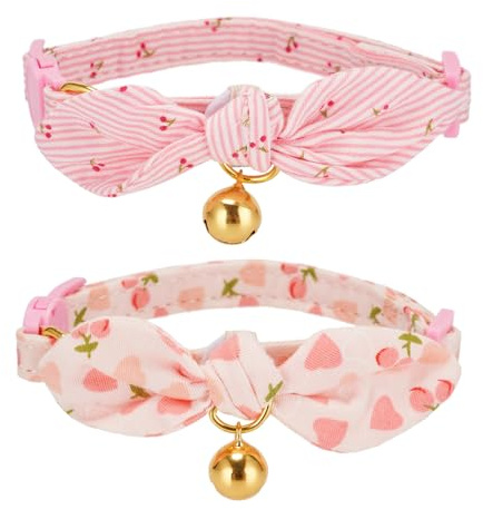 YUDOTE Cotton Bowtie Cat Collar with Bell 2 Pack Adjustable Breakaway Kitten Collars with Removeable Bow Pink Girl Cat Collars
