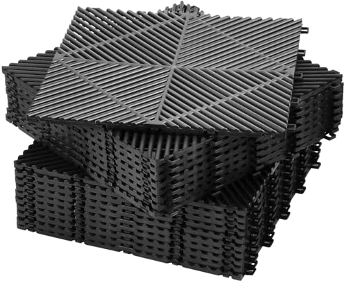 Barydat 72 Pcs 12'' x 12'' Garage Floor Tiles, Interlocking Drainage Flooring, Heavy Duty Non Slip Polypropylene, Easy Install for Garage Deck, Pool, Patio, Shower (Black)