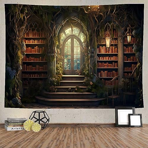 Ine Ive Wandteppich, Vintage-Bibliothek, Wandbehang, Märchen, Wald, Magie, Bücherregal, Wandteppich, 203 x 152 cm, mittelalterliches Arbeitszimmer, Bücherregal, Wandposter für Schlafzimmer, Wohnzimmer