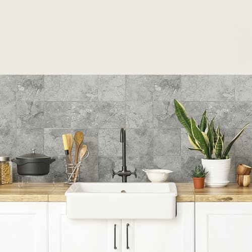 CREARREDA Panneau de Cuisine Anti-éclaboussures, Autocollant Mural Facile à appliquer, Motifs carrelage Gris, 190 x 60 cm, 100% fabriqué en Italie, en PVC, Ignifuge et résistant à l’Eau, pour évier
