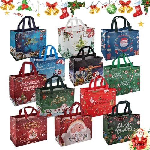 Anyingkai 12tück Weihnachts Geschenktüten,31.5×17×25cm Wiederverwendbare Weihnachten Vliestüten,Geschenktüten weihnachten,Einkaufstasche, Weihnachts Party,Weihnachtstaschen mit Griffen
