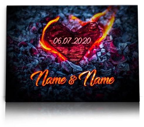 Liebesleinwand Leinwandbild personalisiert | Leinwand gestalten mit Namen und Datum Geschenk für Partner | Herz aus Glut
