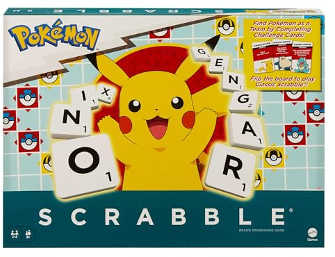 Mattel Games Scrabble Pokémon Board Game, Family Word Game with Two Ways to Play, includes 50 Challenge Cards featuring Pokémon characters for 2-4 Players, UK Version, HXB94