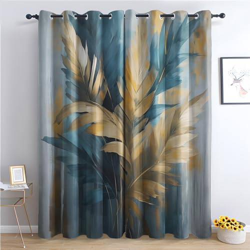 zcwl Blatt Vorhänge, Blaugraues Gold Verdunklungsvorhänge mit Ösen, Vorhang Blickdicht für Wohnzimmer Schlafzimmer Dekoration, Gardinen mit Muster, 2er Set, 260 x 140 cm (HöhexBreite)