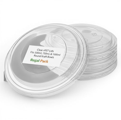 50 x Clear Round RPET Lids for Kraft Paper Bowls | Secure & Leakproof Fit for 500ml, 750ml, 1000ml Containers | Leakproof Plastic Covers for Hot & Cold Food, Takeaway & Delivery Use
