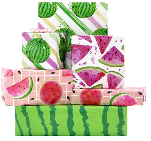 Lot de 8 feuilles de papier cadeau motif pastèque, joli motif fruité juteux pour anniversaire, fête sur le thème de l'été, Aloha Luau, piscine, plage, vacances, fête sur le thème tropical hawaïen, 8