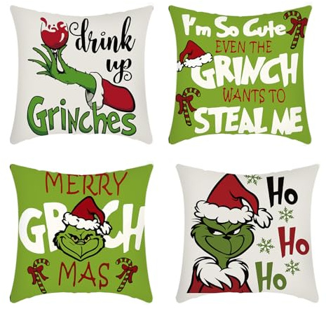 Bohue 4 x Grinch Weihnachts-Kissenbezüge Merry Grinchmas, Weihnachtsdekoration, Winterdekoration für Sofa, 4 Stück