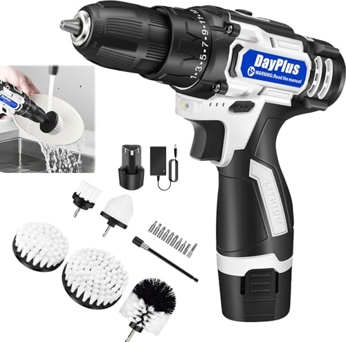 2-in-1 Cordless Screwdriver Drill Scrubber Cleaning Kit, 5pcs Drill Brush and Long Reach Rod, Professional Power Scrubber, Electric Drill with 10pcs Drill Bits, Battery and Charger Included