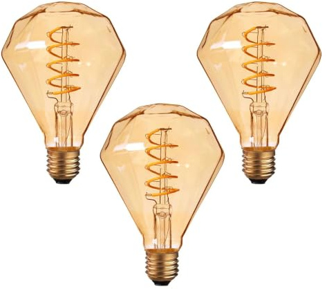 LEDSone Decorative LED Light Bulb, Diamond Glass Vintage Nostalgic LED Edison Light Bulb Non Dimmable, Ambient Angle Spiral Bulb, Warm Light 2700k Atmosphere Lights for Home Decor 1-10 Pack (3 Pack)