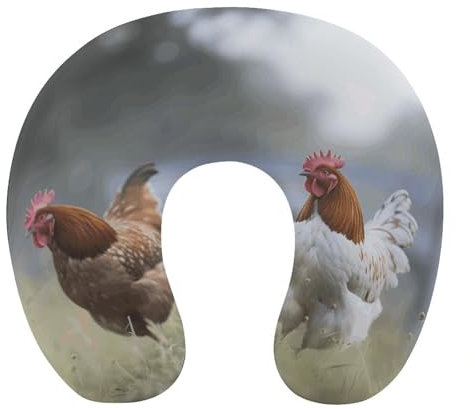 LHJKB U-förmiges Reisekissen, Memory-Baumwolle, U-förmiges Nackenkissen, Huhn auf dem Gras, bedruckt, leicht, tragbar, ideal für Flugzeugstuhl, Auto, Zuhause, Büro