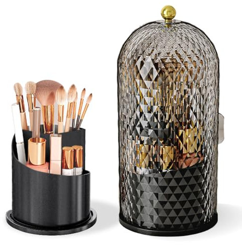 JIANGLAI Makeup Brush Holder with Lid, 360 Rotating Multifunction Clear Dustproof Skincare Cosmetic Tools Storage Organizer for Vanity Desktop Bathroom Countertop (Black)