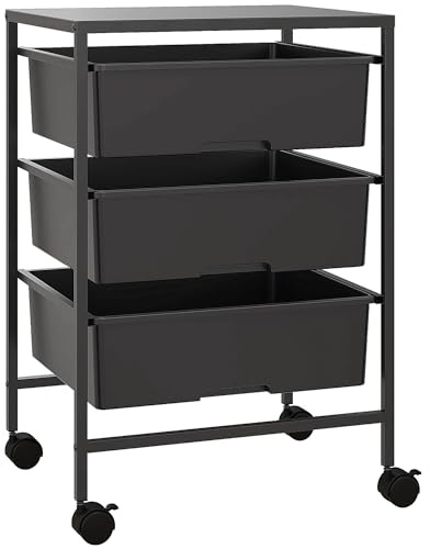 HOMCOM Desserte à roulettes, Chariot de Service 3 Niveaux Cadre Acier Noir