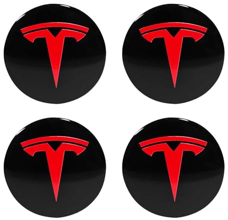 Knomix 4 Pack Aluminum Waterproof Wheel Cover Center Emblem Sticker for Tesla Model 3 Model Y 56mm Hubcaps Wheel Rim Cover (Black Background+Red Emblem)