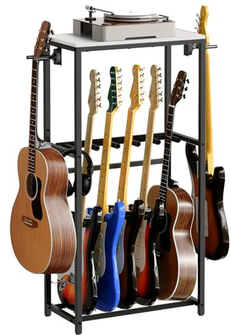 MAHANCRIS Gitarrenständer, 2-Stöckiger Gitarrenständer für Akustikgitarre, E-Gitarre, Bass, Ukulele, Banjo, Plattenspielerständer, mit Gitarrenzubehörständer, EVA-Schutzfolie, Weiß AGSHW6501
