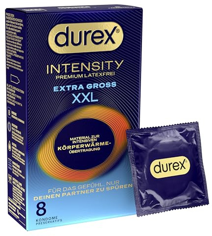 Durex Intensity Extra Groß XXL Kondome - Ultra dünn plus für intensive Körperwärmeübertragung - Mit Silikongleitgel befeuchtet - Ohne Latex - 8er Pack (1 x 8 Stück)