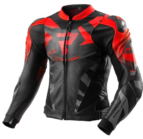 REBELHORN Inferno - Veste de moto pour homme - Cuir - Protection coudes, épaules et dos - RE ZRO niveau 2 - Ponceuse d'épaule - Gilet coupe-vent - Panneaux d'aération - Tailles jusqu'à 62, noir/rouge