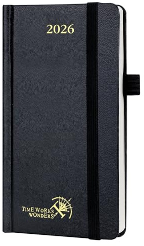POPRUN Taschenkalender 2026 Klein 16,5 x 9 cm (Jan.2026-Dez.2026) - Kalender 2026 Klein Hardcover - Terminplaner, Planer 1 Woche 2 Seite mit Innentasche - Schwarz