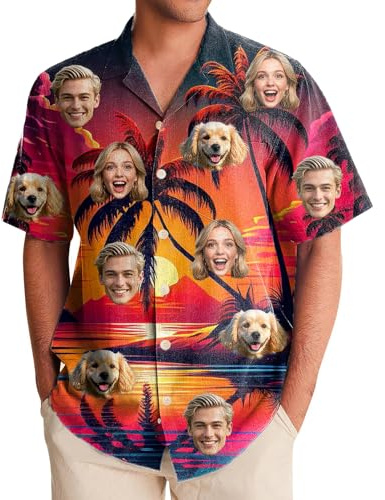 Generisch Hawaii Hemd Männer Damen, Personalisiert Hawaiihemd mit Gesicht Foto, Sommerhemd Strandhemd Kurzarm